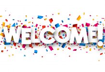 Welcome sign with colour confetti. Vector paper illustration.