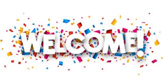 Welcome sign with colour confetti. Vector paper illustration.